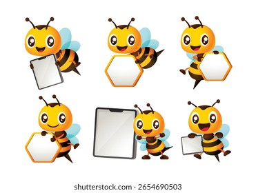 Engraçado desenho animado abelha diferentes poses de segurar tablet digital vazio e conjunto de ilustração vetor de sinalização favo de mel