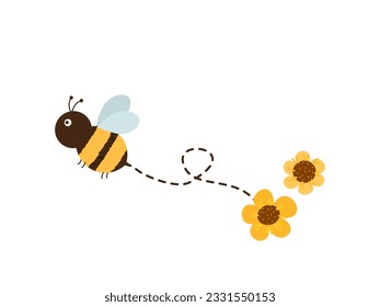 Cute bee cartoon and flower isolated on white background vector.
