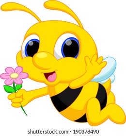 Cute bee cartoon flying while carrying flowers 