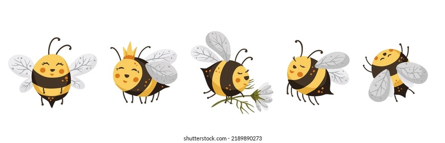 Cute bee cartoon funny vector set. Happy funny adorable character bees