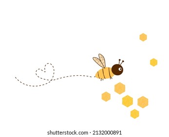 Cute Bee Cartoon, Heart Dot Line And Abstract Beehive Honeycomb Isolated On White Background Vector Illustration. 