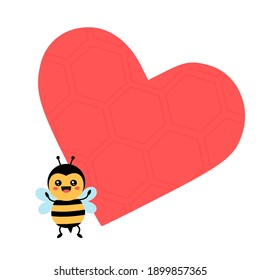 Cute bee cartoon with heart on white background vector illustration. Valentine's day.