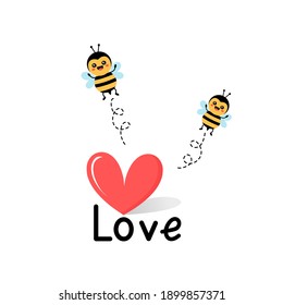 Cute bee cartoon with heart on white background vector illustration. Valentine's day.