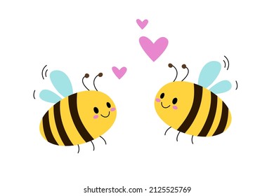 Cute bee cartoon and heart sign symbol on white background. Vector illustration