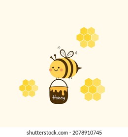 Cute bee cartoon and honeycomb sign on yellow background vector illustration.