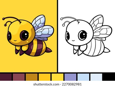 Cute bee cartoon illustration in coloring page style insect