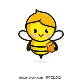 Cute Bee Cartoon Illustration with Jar.Isolated on white