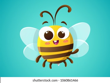 Cute bee cartoon isolated on blue green background. Vector illustration.