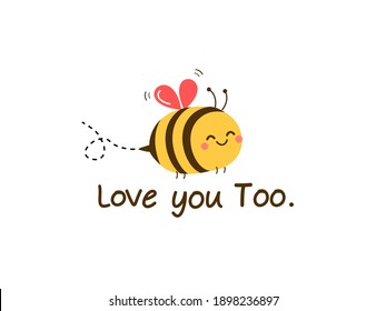 Cute bee cartoon with lettering on white background vector. Valentine's day.