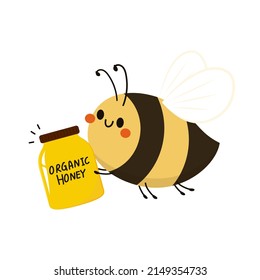 Cute bee cartoon with lettering on white background vector. Bee and  honey jar vector.