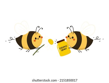 Cute bee cartoon with lettering on white background vector. Bee and  honey jar vector.