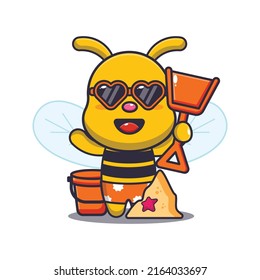 Cute bee cartoon mascot character playing sand beach