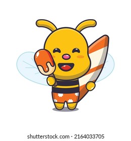 Cute bee cartoon mascot character with surfboard holding ice
