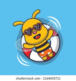 Cute bee cartoon mascot character swim in beach on buoy