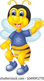 cute bee cartoon posing with smiling and waving