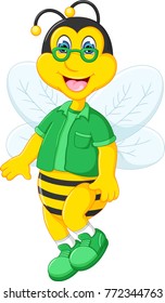 cute bee cartoon use glasses with smiling