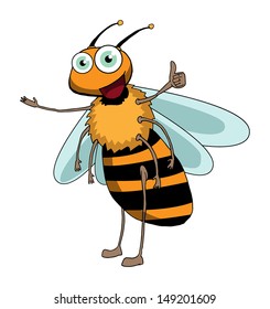 Cute bee cartoon waving and giving thumbs up, vector illustration