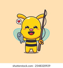 Cute bee catching fish with fishing rod cartoon vector illustration. vector cartoon illustration suitable for poster, brochure, web, mascot, sticker, logo and icon.