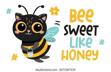 A cute bee with a cat's face carries a bucket of honey, lettering. Vector print for printing on children's products. 
