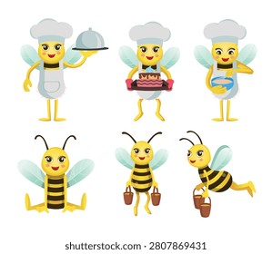 Cute bee character collection with different professions and activities including chef, waiter, baker, honey collector and friendly bee mascot. Cartoon vector set isolated on white background for stickers, educational materials, children's books, games, nursery decor and design projects.