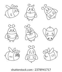 Cute bee character. Coloring Page. Kawaii honey insect in different poses. Vector drawing. Collection of design elements.