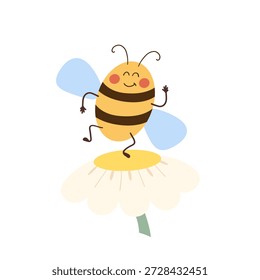 Cute bee character dancing on a daisy flower. Illustration for nursery decor, spring greeting cards, learning or nature design.