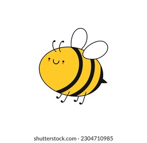 Cute bee character. Happy smiling honeybee, funny doodle sticker, childish clip art element. Vector illustration isolated on white background