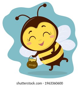 Die süße Bienenfigur hält eine Tasse Honig. Cartoon-Stil, Vektorgrafik.