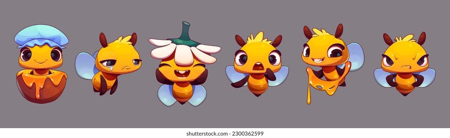 Carácter de abeja con miel, mascota de abejorros felices. Gracioso insecto volador con diferentes emociones. Triste, enojada, sorprendida abeja con flor y olla de miel, conjunto de dibujos vectoriales