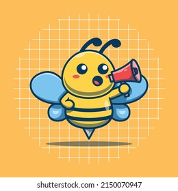 Cute bee character making announcement vector illustration. Flat cartoon style