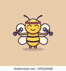 La mascota del personaje de la abeja es el ejercicio de pesas elevadoras. Vector animal aislado. Estilo de caricatura plano.