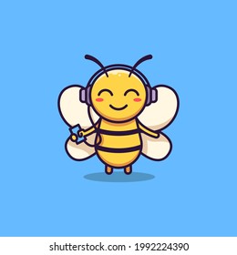 Cute bee character mascot is listening to music. animal vector isolated. Flat cartoon style.