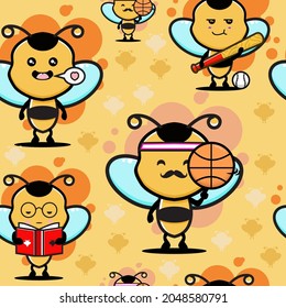 Cute Bee Character Seamless Pattern, Premium Vector