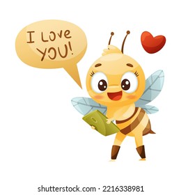 Cute Bee Character with Striped Yellow Body and Wings Sending Love Message with Smartphone Vector Illustration
