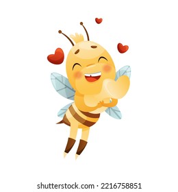 Cute Bee Character with Striped Yellow Body and Wings Fluttering with Beating Heart Vector Illustration