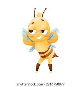 Cute Bee Character with Striped Yellow Body and Wings Showing Off with Muscle Vector Illustration