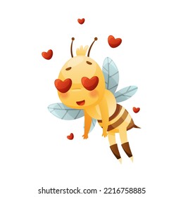 Cute Bee Character with Striped Yellow Body and Wings with Red Heart in Its Eyes Vector Illustration