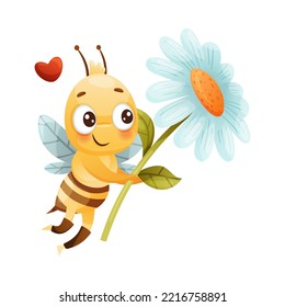 Cute Bee Character with Striped Yellow Body and Wings Carrying Daisy Flower with Red Heart Vector Illustration