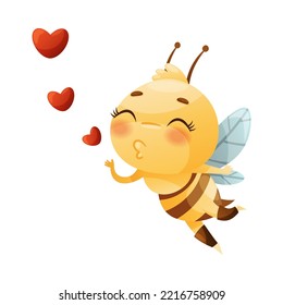 Cute Bee Character with Striped Yellow Body and Wings Air Kissing Sending Red Heart Vector Illustration