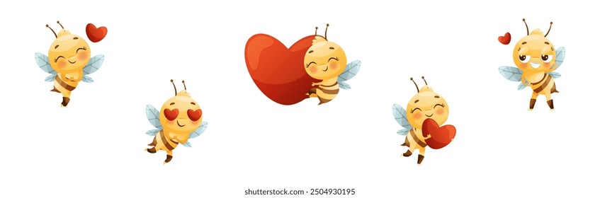Cute Bee Character with Striped Yellow Body and Wings Engaged in Different Activity Vector Set