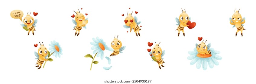 Cute Bee Character with Striped Yellow Body and Wings Engaged in Different Activity Vector Set