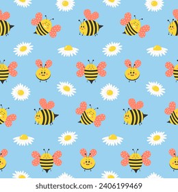 Cute bee characters and daisies seamless pattern. Funny cartoon honeybees with pink wings and chamomiles on pastel blue background. Ideal for printing on fabric and paper.