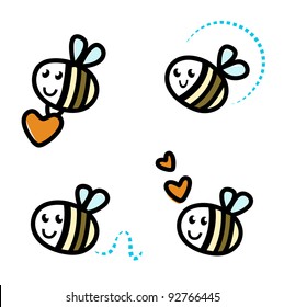 Cute bee characters with hearts isolated on white