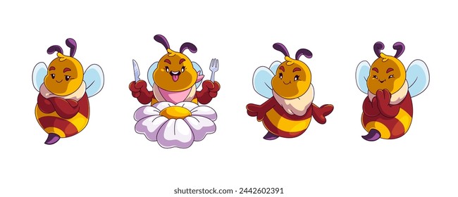 Cute bee characters set isolated on white background. Vector cartoon illustration of funny insect mascots collection, honeybee or bumblebee smiling, happy bug with wings eating lunch on flower