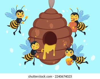 Cute bee characters taking honey from hive vector illustration. Cartoon drawing of insect characters collecting yellow liquid from beehive on blue background. Wildlife, nature, food concept