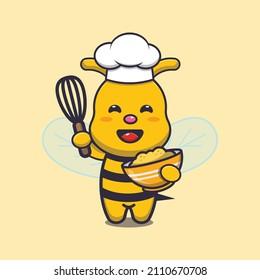 cute bee chef mascot cartoon character with cake dough