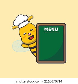 cute bee chef mascot cartoon character with menu board