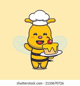 cute bee chef mascot cartoon character with cake
