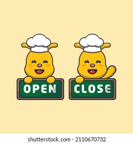 cute bee chef mascot cartoon character with open and close board