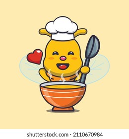 cute bee chef mascot cartoon character with soup